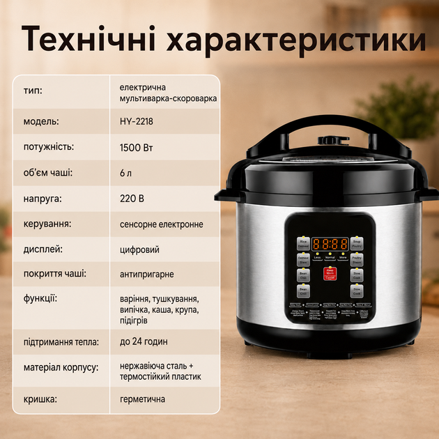 Мультиварка-скороварка 6 л, рисоварка с цифровым дисплеем и функцией поддержания тепла - изображение 4