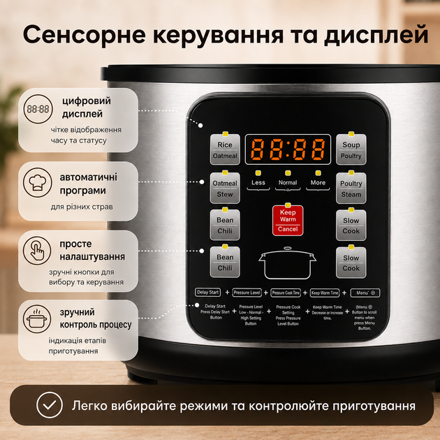 Мультиварка-скороварка 6 л, рисоварка с цифровым дисплеем и функцией поддержания тепла - изображение 5