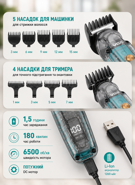 Машинка для стрижки VGR V-102 6в1 зелёная - Фото 2 Машинка для стрижки VGR V-102 6в1 зелёная - изображение 2