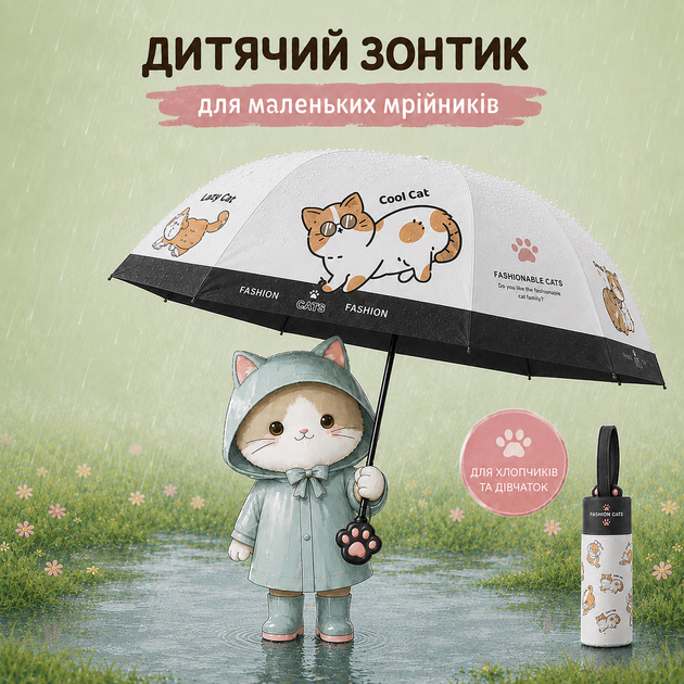 Дитяча складна парасолька для дівчинки та хлопчика з котиками безпечна механічна водовідштовхувальна сонцезахисна з чохлом чорний - Фото 1 Дитяча складна парасолька для дівчинки та хлопчика з котиками безпечна механічна водовідштовхувальна сонцезахисна з чохлом чорний - зображення 1