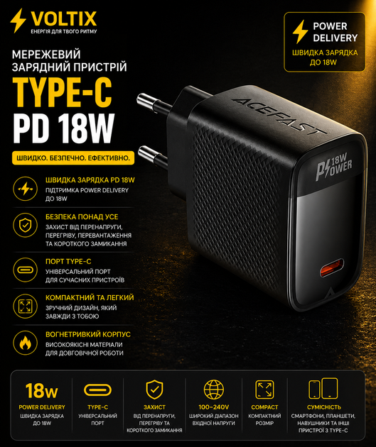 Сетевое зарядное устройство ACEFAST A112, 45W, Power Delivery 3.0, Quick Charge 3.0, PPS, AFC, FCP, SCP, 1×USB - Фото 1 Сетевое зарядное устройство ACEFAST A112, 45W, Power Delivery 3.0, Quick Charge 3.0, PPS, AFC, FCP, SCP, 1×USB - изображение 1