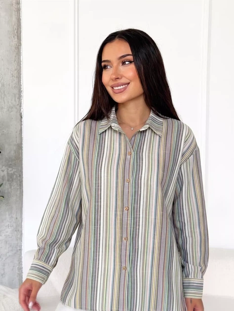 Стильна жіноча сорочка oversize з льону у смужку casual INNOE 300055-2, р. 58-60 Світло-сірий - Фото 2 Стильна жіноча сорочка oversize з льону у смужку casual INNOE 300055-2, р. 58-60 Світло-сірий - изображение 2