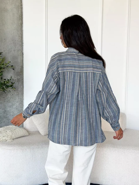 Стильна жіноча лляна oversize сорочка у смужку casual INNOE 300055-2, р. 46-48 Темно-сірий - Фото 8 Стильна жіноча лляна oversize сорочка у смужку casual INNOE 300055-2, р. 46-48 Темно-сірий - изображение 8