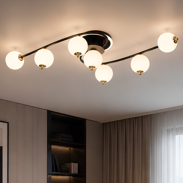 Потолочная LED люстра на пульте 118W с 7 белыми стеклянными шарами 3000-6500K черно-золотой каркас Svet SY-77232/7T BK+FGD - изображение 6