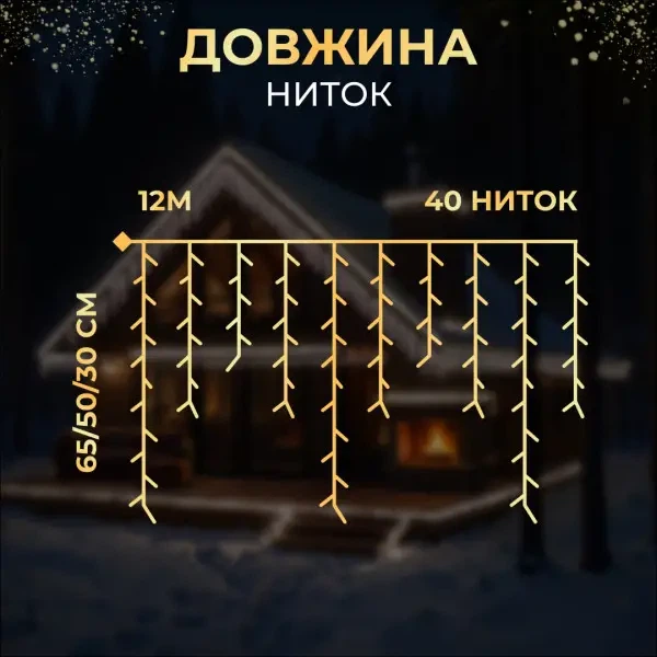 Уличная гирлянда Бахрома 12 м 200 LED Белая белый провод гирлянда штора на улицу на дом - изображение 5