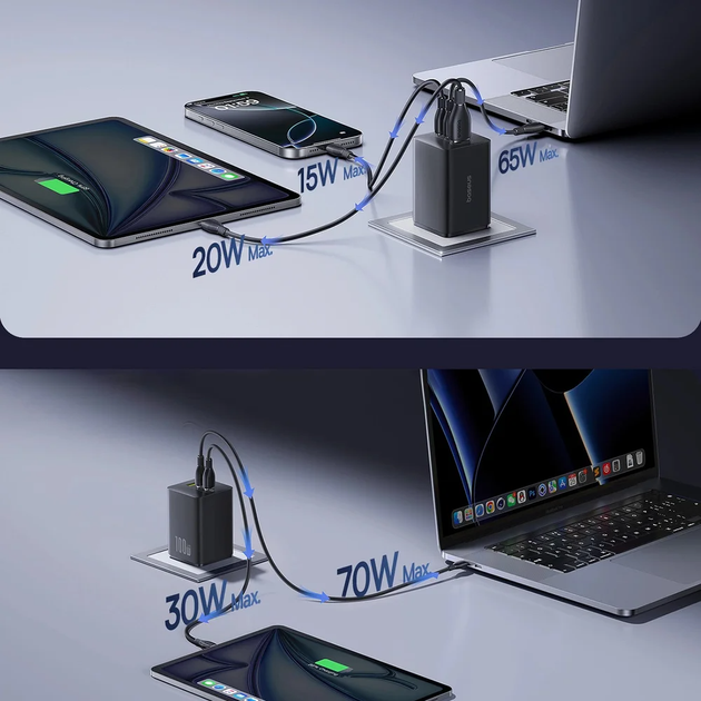 Зарядний пристрій Baseus EnerFill FE11 Fast Charger 2xType-C 1xUSB 100W 3A EU Cosmic Black (P10182102123-00) - зображення 4