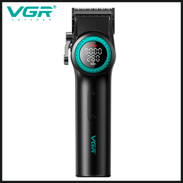 Машинка для стрижки VGR V-001 професійна акумуляторна тример для волосся 9000 об/хв 21 швидкість LED дисплей Li-Ion 4600 мА·год з насадками 10 шт барбер машинка для дому і салон - изображение 4