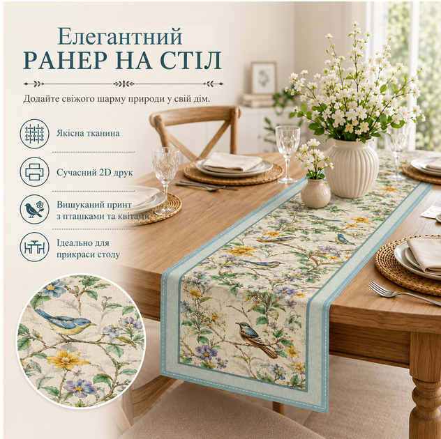 Дорожка на стол с цветами и птицами, декоративная скатерть-раннер в винтажном/прованс стиле, для кухни, декора и праздников - изображение 8