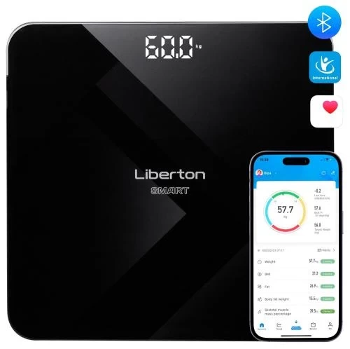 Ваги підлогові Liberton LBS-0818 SMART, Black, LCD-дисплей, синхронизація по Bluetooth, максимальна вага 180кг, точність вимірювання 100г, матеріал поверхні ударостійке скло, індикатор заряду, індикатор перевантаження, живлення 3*AAA (у комплекті) - Фото 1 Ваги підлогові Liberton LBS-0818 SMART, Black, LCD-дисплей, синхронизація по Bluetooth, максимальна вага 180кг, точність вимірювання 100г, матеріал поверхні ударостійке скло, індикатор заряду, індикатор перевантаження, живлення 3*AAA (у комплекті) - изображение 1