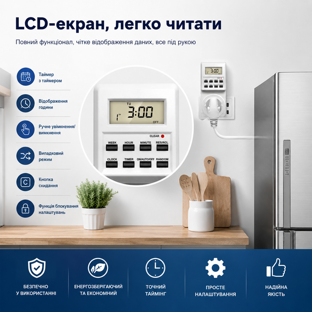 Розумна розетка-таймер RIAS TS-ED01 LCD-дисплей 3600W White (3_08662) - Фото 2 Розумна розетка-таймер RIAS TS-ED01 LCD-дисплей 3600W White (3_08662) - зображення 2