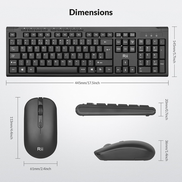 Беспроводной комплект клавиатура и мышь Rii RK211 Black, QWERTY, полноразмерная, тихая, 2.4 ГГц, для ПК, Mac, Smart TV - изображение 10