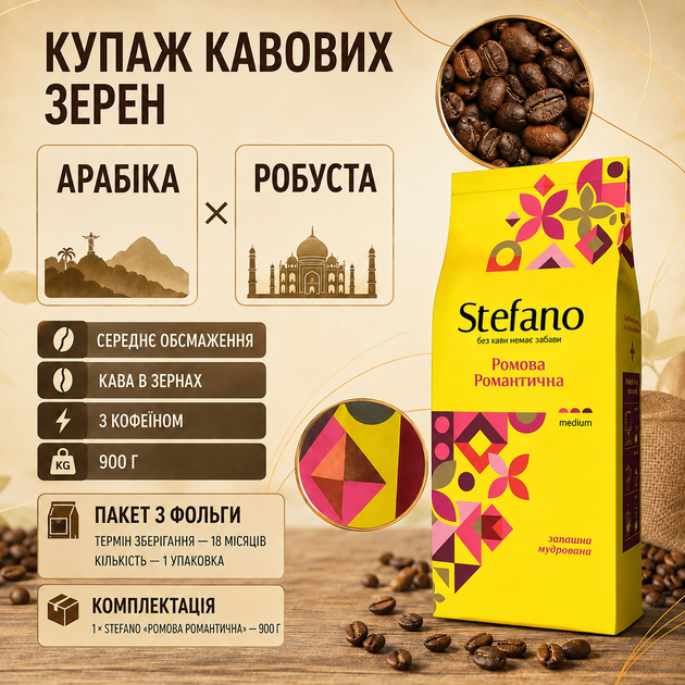Кофе в зернах Stefano Ромовый Романтический 900 г зерновый натуральный с ароматом рома карамели арабика робуста купаж среднего обжаривания кофеиновый ваниль с сухофруктами сливочным послевкусием густой пенкой - Фото 2 Кофе в зернах Stefano Ромовый Романтический 900 г зерновый натуральный с ароматом рома карамели арабика робуста купаж среднего обжаривания кофеиновый ваниль с сухофруктами сливочным послевкусием густой пенкой - изображение 2