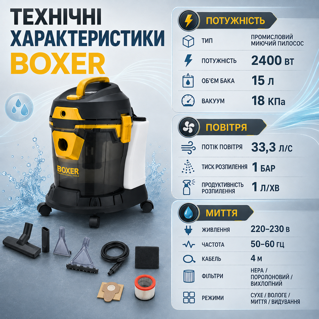 Промисловий мийний пилосос BOXER BX-3232 2400 Вт 15 л, пилосос для сухого та вологого прибирання з HEPA і функцією видування - зображення 2