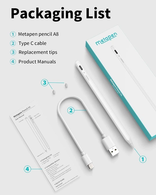 Стилус для Apple iPad Metapen Pencil A8 білий бездротовий активний ручка для планшета з магнітним кріпленням - Фото 9 Стилус для Apple iPad Metapen Pencil A8 білий бездротовий активний ручка для планшета з магнітним кріпленням - зображення 9