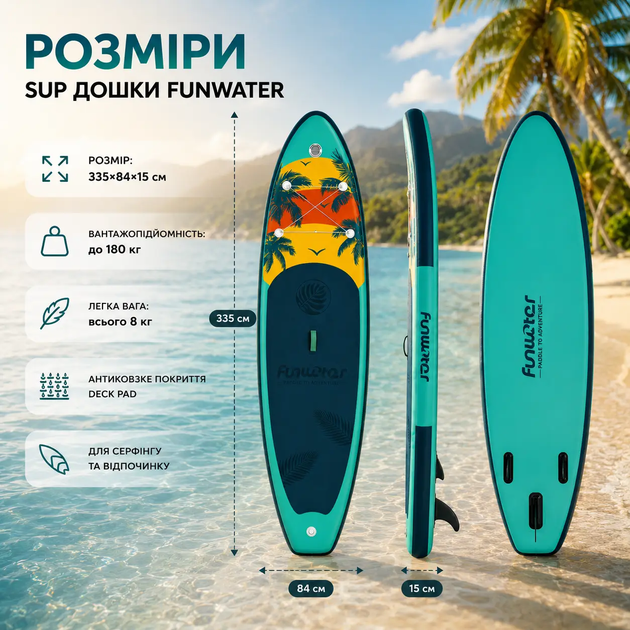 Надувная доска для SUP 335×84×15 см — до 180 кг, вес 8 кг, противоскользящее покрытие, для серфинга и отдыха - изображение 3