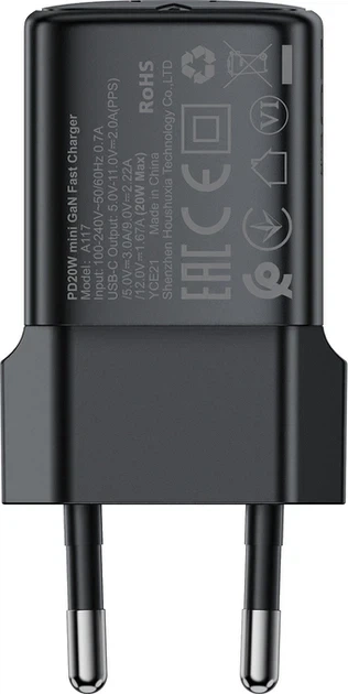 Мережевий зарядний пристрій ACEFAST A117 PD20W mini GaN USB-C fast charger Black - изображение 6