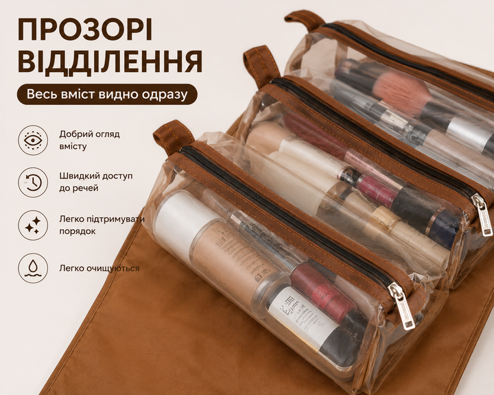 Дорожня косметичка-органайзер підвісна, складана, 4 відділення, коричнева - Фото 5 Дорожня косметичка-органайзер підвісна, складана, 4 відділення, коричнева - изображение 5
