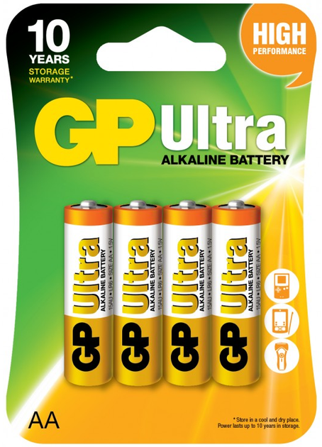 Батарейки GP AA (LR6) Ultra Alkaline 15AU-U4, блистер - Фото 1 Батарейки GP AA (LR6) Ultra Alkaline 15AU-U4, блистер - изображение 1