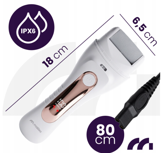 Электрическая роликовая пилка для пяток MalTec Solea Pure 114889 аккумуляторная с 3 насадками, LED-дисплеем и защитой IPX6 - Фото 2 Электрическая роликовая пилка для пяток MalTec Solea Pure 114889 аккумуляторная с 3 насадками, LED-дисплеем и защитой IPX6 - изображение 2