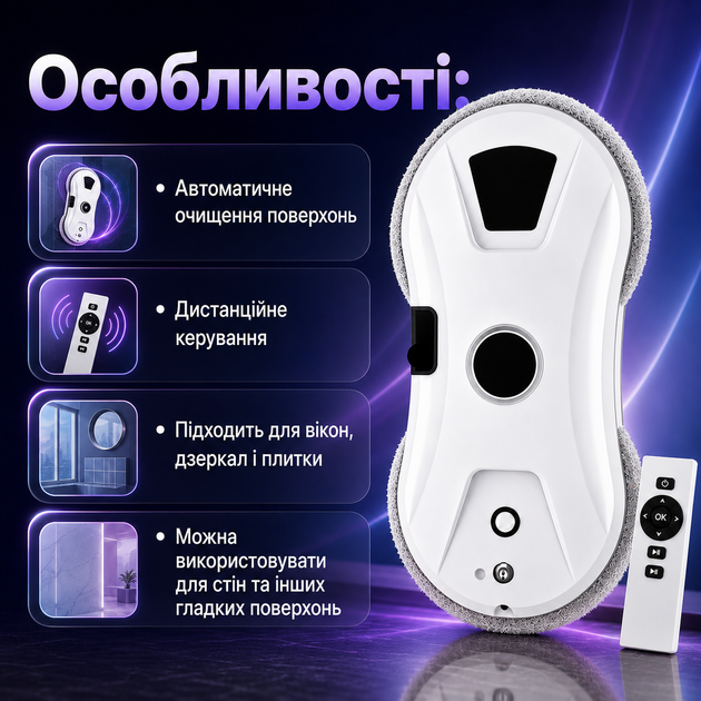 Робот для мытья окон 80 Вт с пультом Автоматический стеклоочиститель зеркал и плитки Электрический мойщик гладких поверхностей - Фото 4 Робот для мытья окон 80 Вт с пультом Автоматический стеклоочиститель зеркал и плитки Электрический мойщик гладких поверхностей - изображение 4