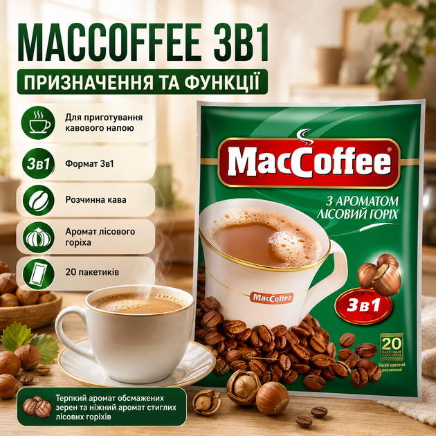 Кавовий напій MacCoffee Лісовий Горіх 3в1 розчинна кава з горіховим ароматом ніжний солодкуватий смак обсмажені кавові зерна стиглий лісовий горіх 20 пакетиків - Фото 3 Кавовий напій MacCoffee Лісовий Горіх 3в1 розчинна кава з горіховим ароматом ніжний солодкуватий смак обсмажені кавові зерна стиглий лісовий горіх 20 пакетиків - зображення 3