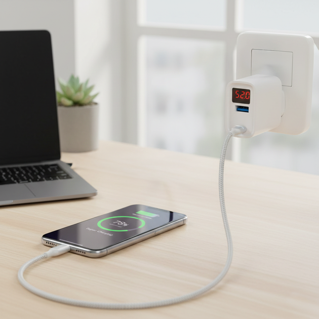 Сетевой адаптер питания 220В с LCD экраном и двумя USB портами 2.4А 12Вт быстрая зарядка для смартфонов планшетов белый - изображение 2
