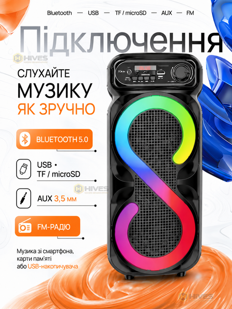 Портативная колонка караоке с микрофоном 16 Вт Bluetooth 5.0 2×4" TWS FM USB TF AUX RGB аккумуляторная - изображение 3