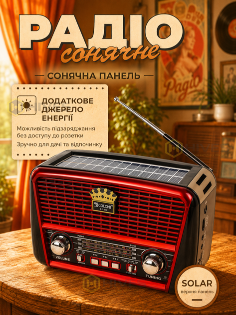 Аккумуляторный радиоприемник с солнечной панелью FM AM SW, MP3 USB microSD, LED-фонарик, 220 В/2×R20, портативное радио, красный - изображение 2