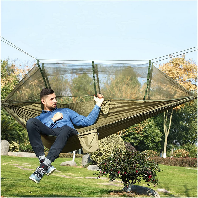 Туристический гамак до 200 кг с москитной сеткой HAMMOCK NET, Хаки - Фото 2 Туристический гамак до 200 кг с москитной сеткой HAMMOCK NET, Хаки - изображение 2