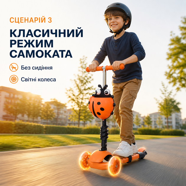 Дитячий триколісний самокат-трансформер 5в1 із сидінням, батьківською ручкою, бортиками, підніжкою та колесами з підсвічуванням, оранжевий - зображення 8