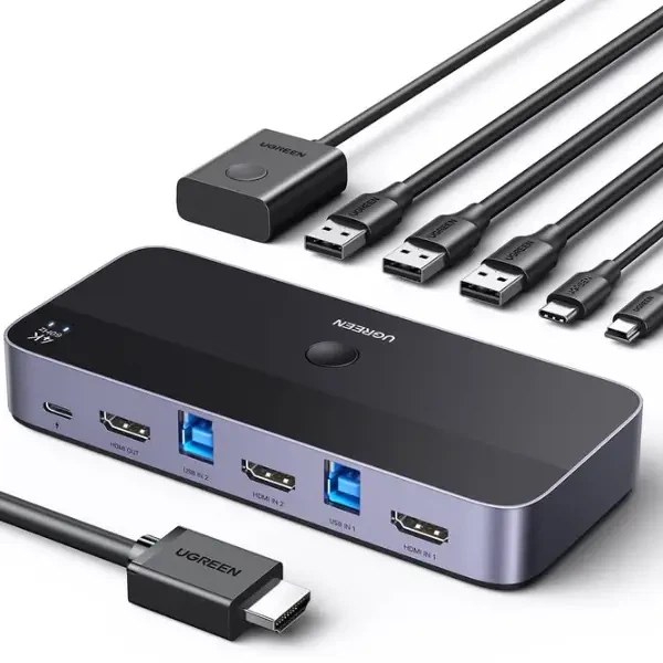 Перемикач KVM UGREEN 35765 HDMI 2.0, 4K 60 Гц, на два пристрої зі спільним USB для клавіатури, миші та принтера - зображення 2