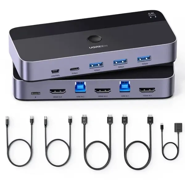 Перемикач KVM UGREEN 35765 HDMI 2.0, 4K 60 Гц, на два пристрої зі спільним USB для клавіатури, миші та принтера - зображення 3