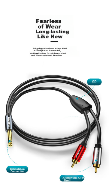Аудиокабель-адаптер ZHENWEI ZW-YPX180 Jack 6.3 мм — 2×RCA 10 м - изображение 4