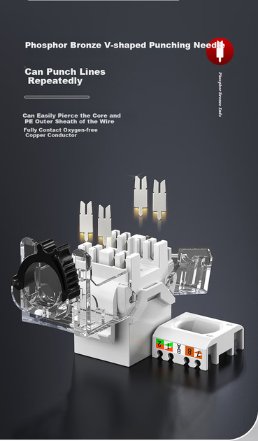 Модуль AMPCOM AMC6A228WT Keystone RJ-45 UTP Cat 6a безінструментальний на 2 порти Золотисто-білий - Фото 8 Модуль AMPCOM AMC6A228WT Keystone RJ-45 UTP Cat 6a безінструментальний на 2 порти Золотисто-білий - зображення 8