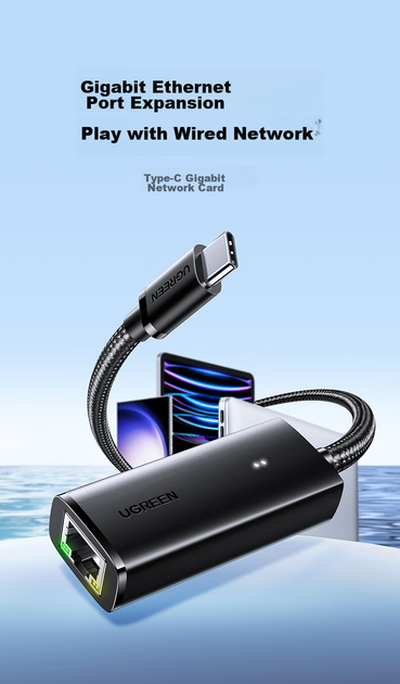 Сетевой адаптер Ugreen 15637 / USB Type-C / Gigabit Ethernet / Black - Фото 3 Сетевой адаптер Ugreen 15637 / USB Type-C / Gigabit Ethernet / Black - изображение 3