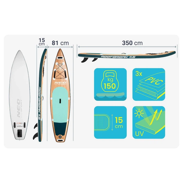 SUP-борд Reefbreak 350×81×15 см Neo-Sport 170314 трьох шарова до 150 кг - зображення 3