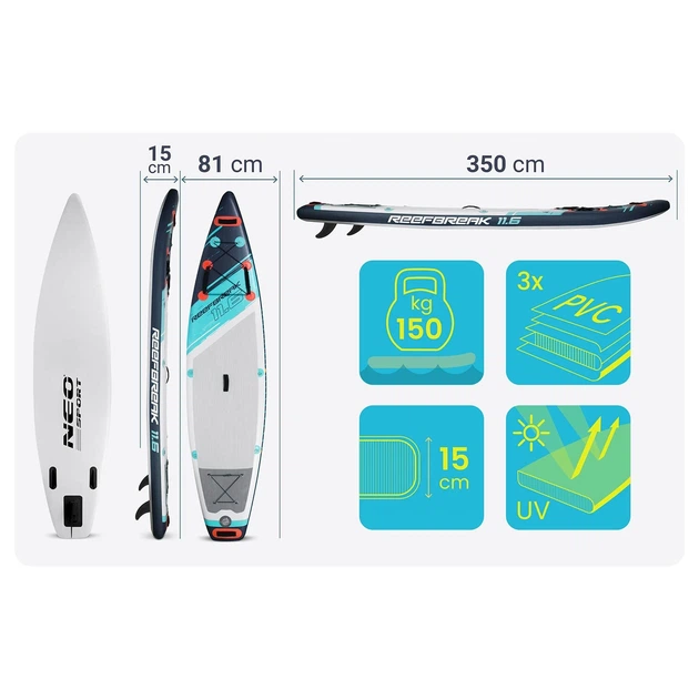SUP-дошка Reefbreak 350×81×15 см Neo-Sport 170312 трьох шарова до 150кг - Фото 3 SUP-дошка Reefbreak 350×81×15 см Neo-Sport 170312 трьох шарова до 150кг - изображение 3