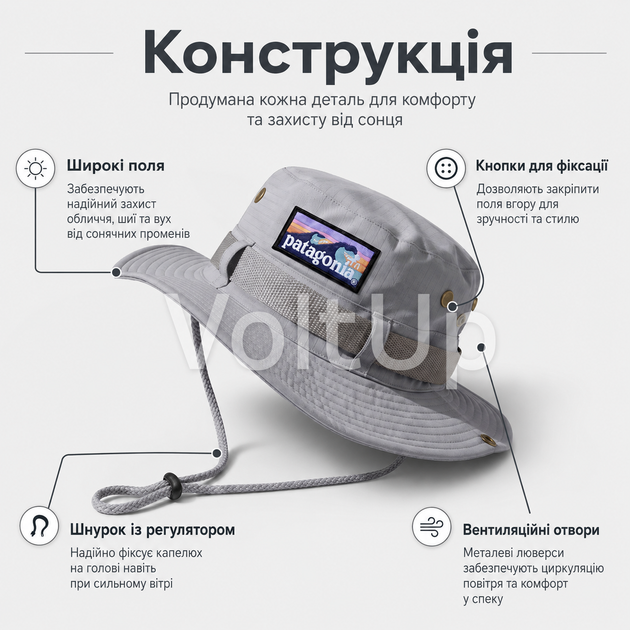 Летняя серая панама Patagonia унисекс One Size с логотипом, фиксирующим шнурком, боковыми кнопками и вентиляционными люверсами - изображение 2