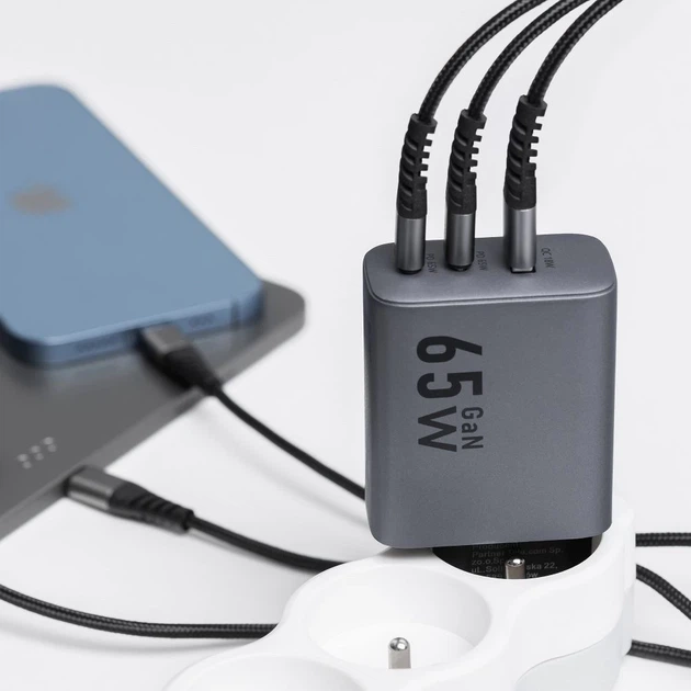 Сетевое зарядное устройство Forcell F-Energy GaN 2 x USB C + USB A QC4.0 PD 4A 65W Grey (5903396231452) - изображение 4