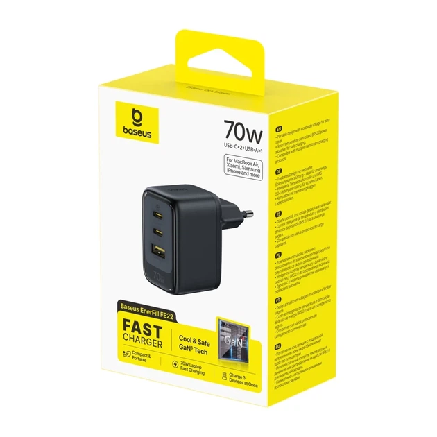 Сетевое зарядное устройство Baseus EnerFill FE22 70W 2x USB-C + USB-A Black (6942521209712) - Фото 3 Сетевое зарядное устройство Baseus EnerFill FE22 70W 2x USB-C + USB-A Black (6942521209712) - изображение 3