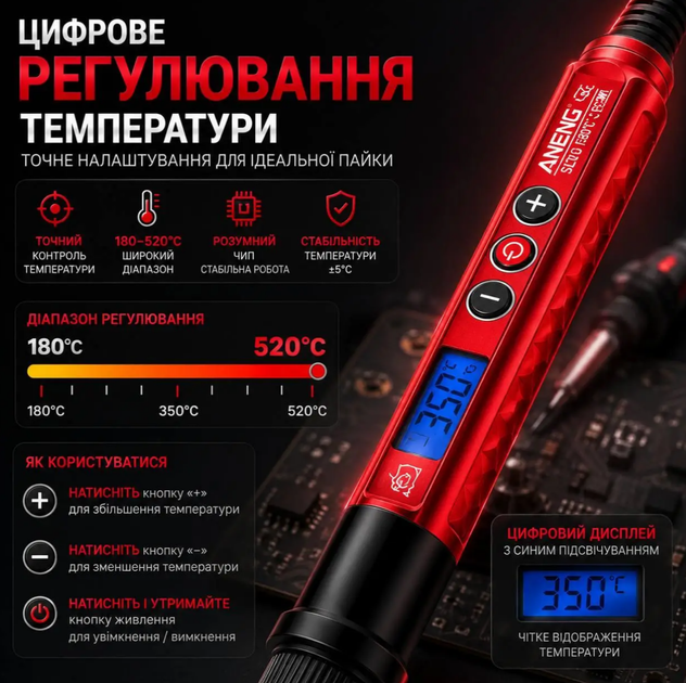 Паяльник электрический ANENG SL106 60 Вт с цифровым дисплеем и регулировкой температуры 180 520°C, набор для пайки, EU 220 В - изображение 4
