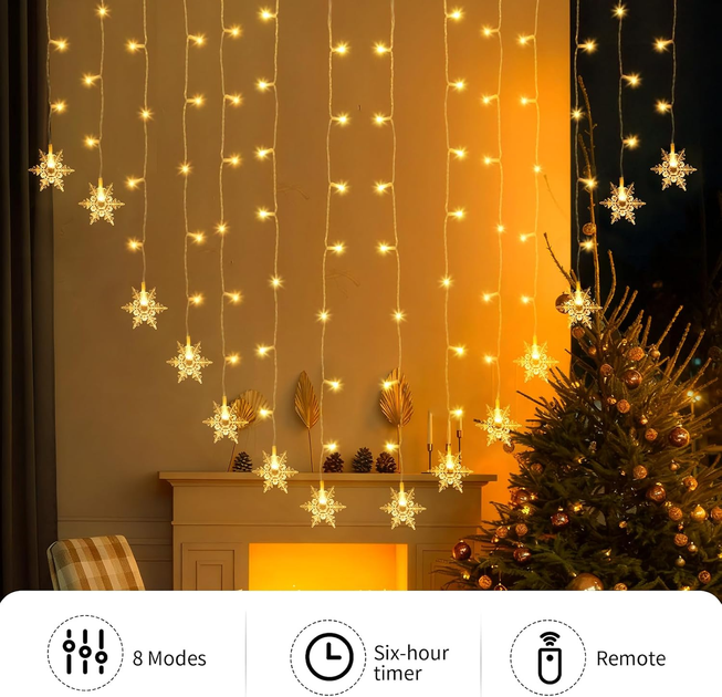 Гирлянда-штора Jsdoin Снежинки 2×1 м, 104 LED, теплый белый, 8 режимов, пульт, таймер, USB - изображение 5