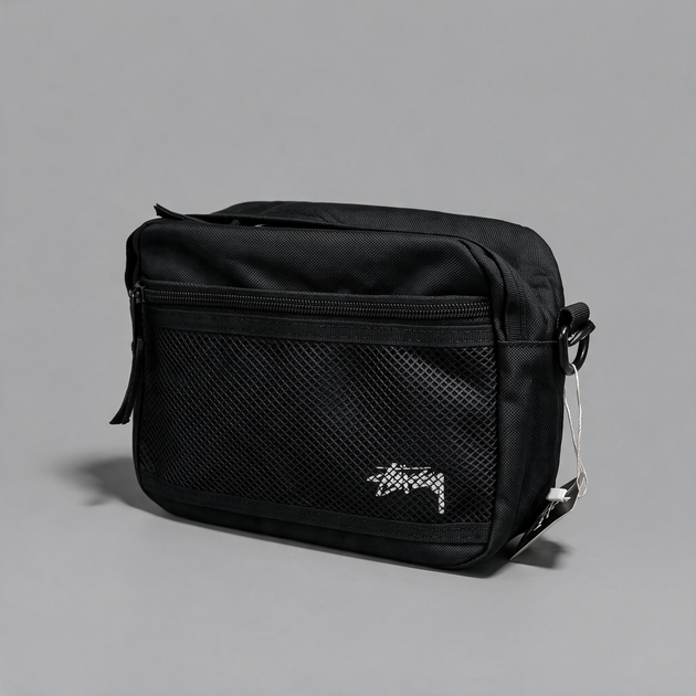 Сумка Stussy чорна через плече, горизонтальний месенджер Стуссі з сітчастою кишенею, міська барсетка ART030 - Фото 1 Сумка Stussy чорна через плече, горизонтальний месенджер Стуссі з сітчастою кишенею, міська барсетка ART030 - зображення 1
