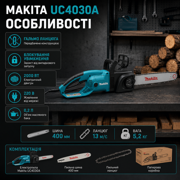 Электропила Makita UC4030A 2000 Вт цепная пила 220 В сетевая шина 400 мм 13 м/с для дерева бревен дров обрезка веток сада строительства с тормозом блокировкой включения - изображение 2