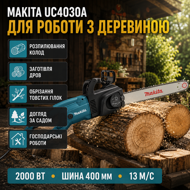 Электропила Makita UC4030A 2000 Вт цепная пила 220 В сетевая шина 400 мм 13 м/с для дерева бревен дров обрезка веток сада строительства с тормозом блокировкой включения - изображение 3