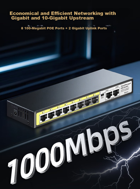 Коммутатор Huoyi 10 портов гигабитный PoE, 8PoE+2, управляемый - изображение 2