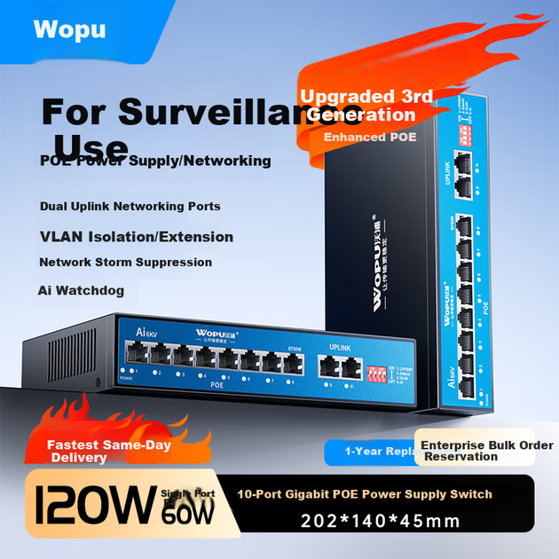 Wopool 8-портовый PoE-коммутатор с полным гигабитным питанием, 8 портами Ethernet + 2 портами восходящей связи, камерами видеонаблюдения, сетевым разветвителем, коммутатором корпоративного уровня и функцией сторожевого таймера. - изображение 3