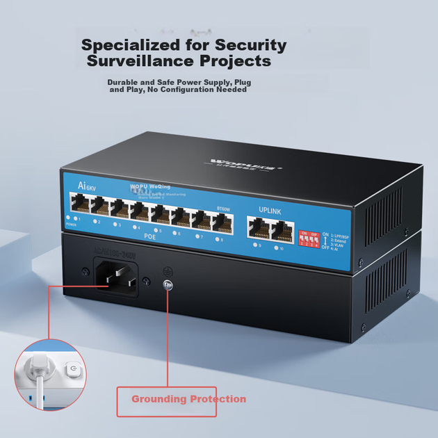 Wopool 8-портовый PoE-коммутатор с полным гигабитным питанием, 8 портами Ethernet + 2 портами восходящей связи, камерами видеонаблюдения, сетевым разветвителем, коммутатором корпоративного уровня и функцией сторожевого таймера. - изображение 10