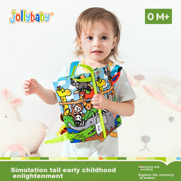 Развивающая игрушка-книжка Jollybaby из ткани для малышей от 0 до 6 месяцев, жевательная, рвущаяся, моющаяся, с изображением хвоста животного из джунглей. - изображение 4