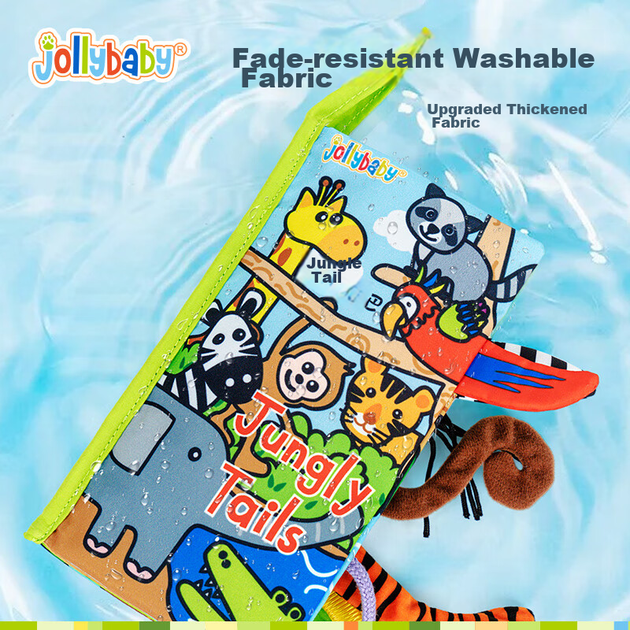 Развивающая игрушка-книжка Jollybaby из ткани для малышей от 0 до 6 месяцев, жевательная, рвущаяся, моющаяся, с изображением хвоста животного из джунглей. - изображение 7